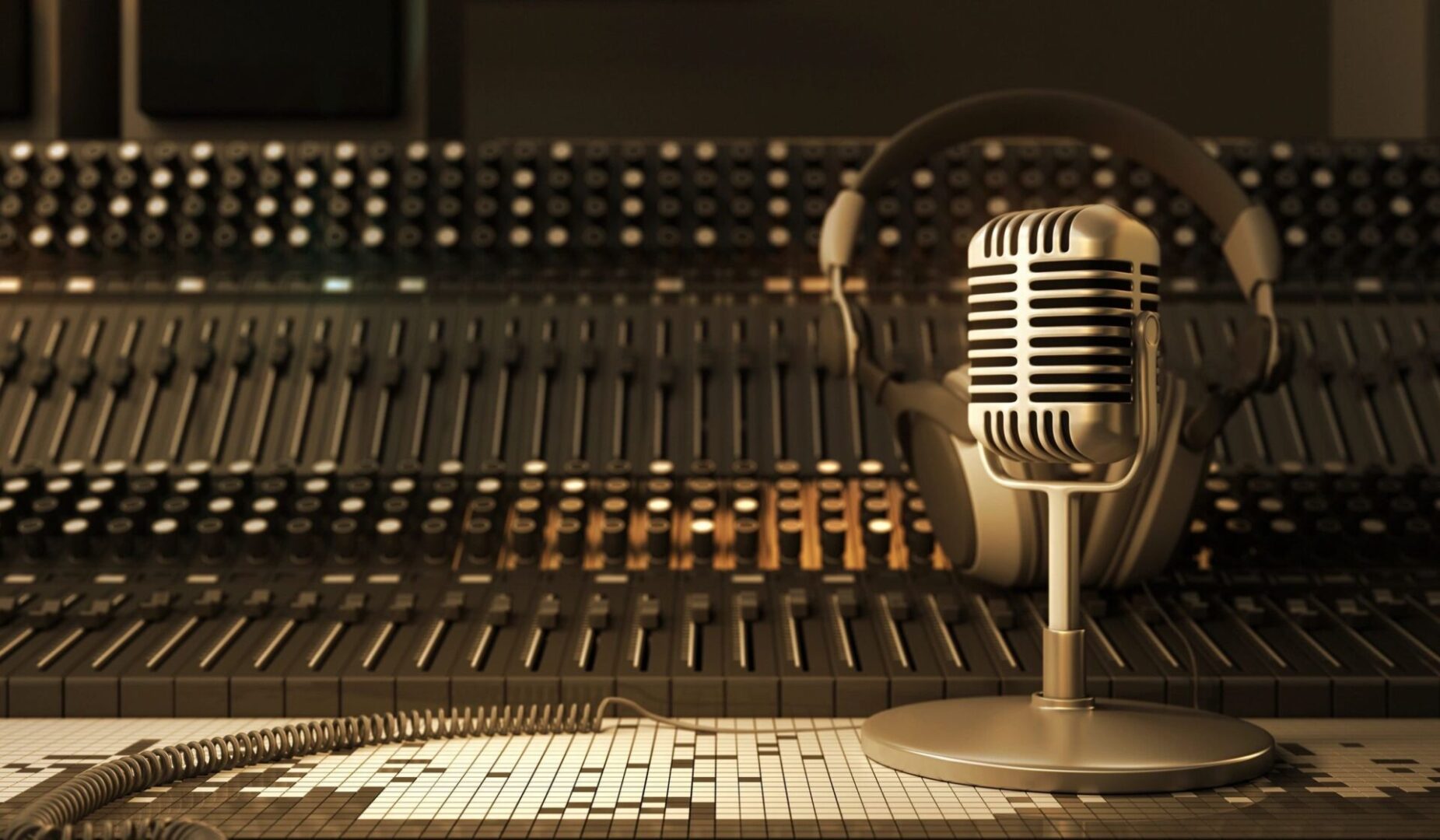 A microphone and headphones on top of a table.