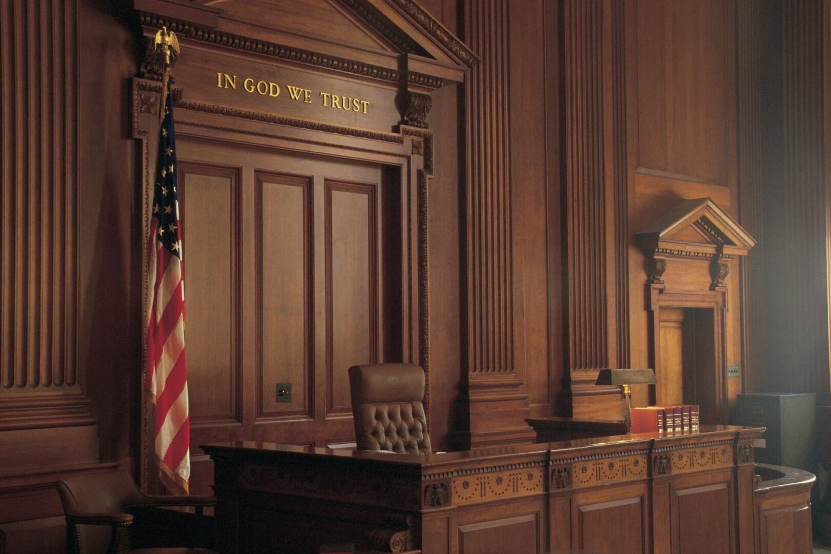 A courtroom with the american flag on it.