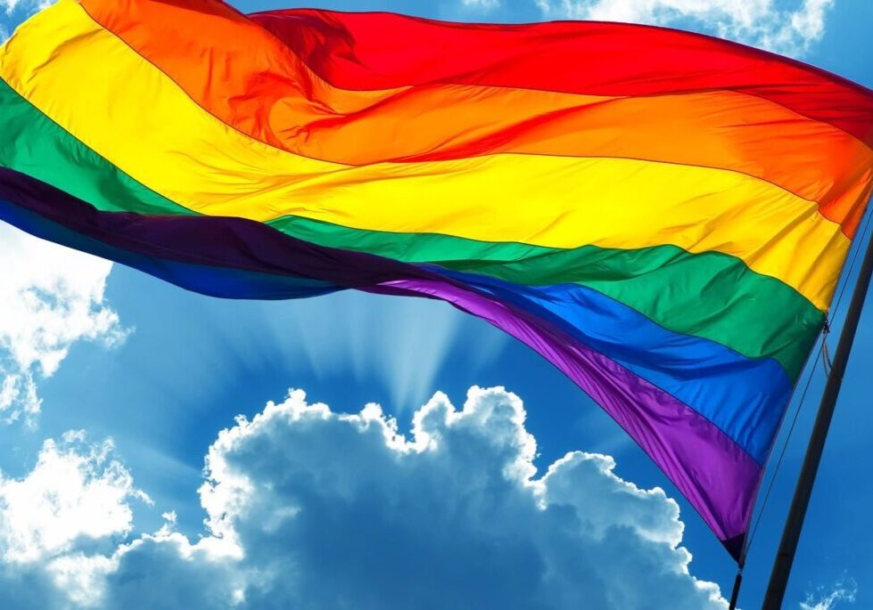 A rainbow flag flying in the sky with clouds behind it.