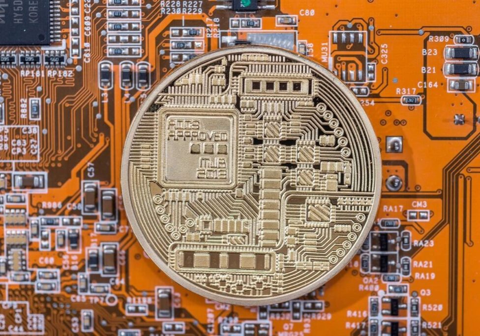 A coin is shown on top of an electronic circuit board.
